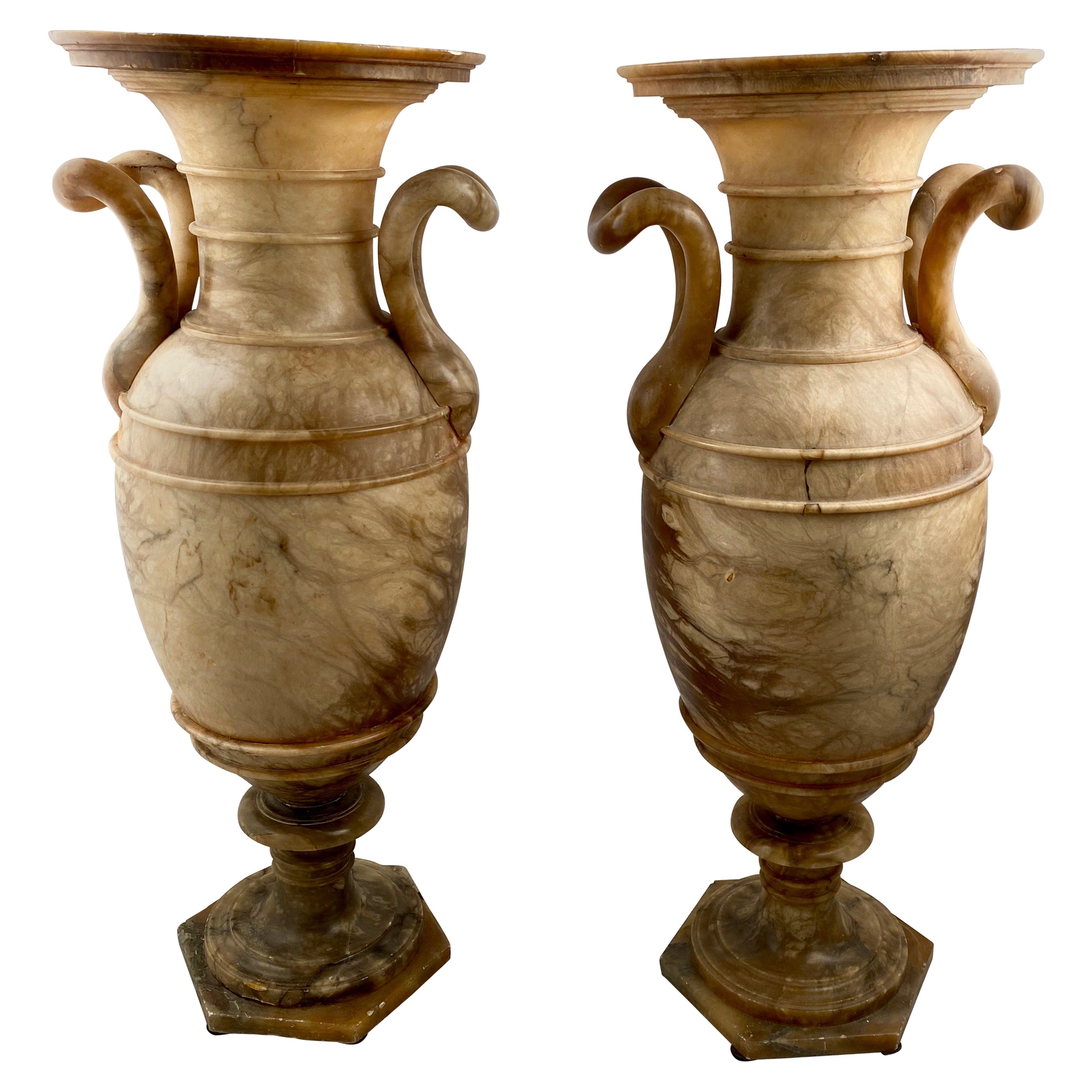 Vintage Pair of Alabaster Vases, Probably Egypt, Late 19th Century at