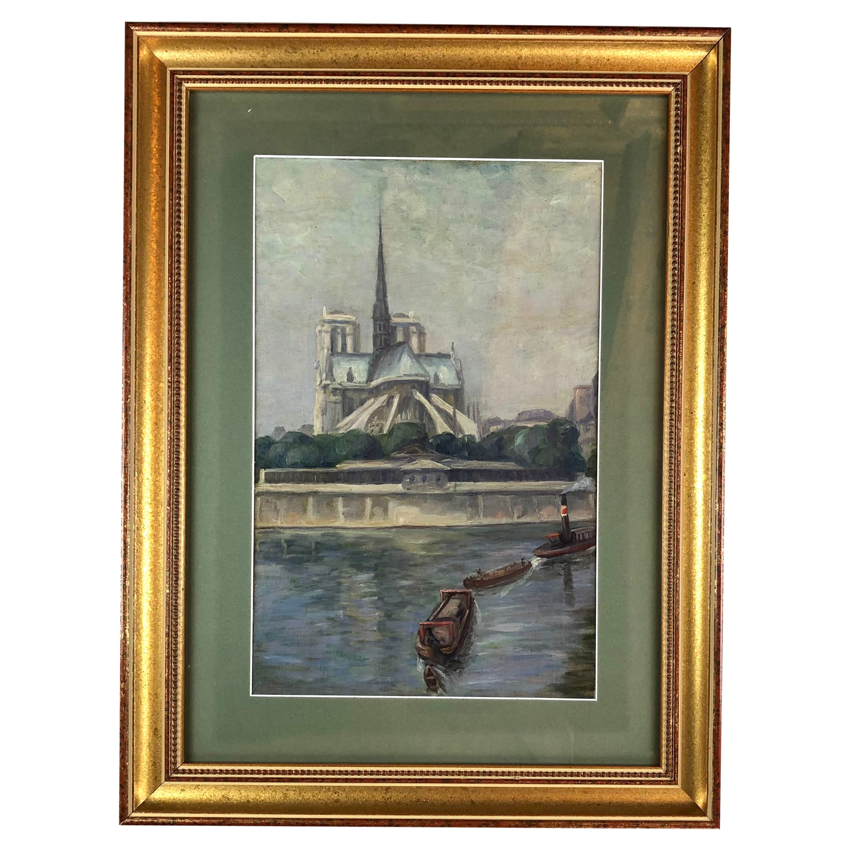 Oil on Canvas Painting of Notre Dame Cathedral and the Seine Paris For Sale