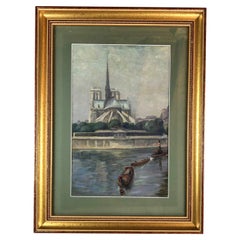 Olio su tela raffigurante la Cattedrale di Notre Dame e la Senna a Parigi, Francia