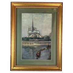 Antique Oil on Canvas Painting of Notre Dame Cathedral and the Seine Paris