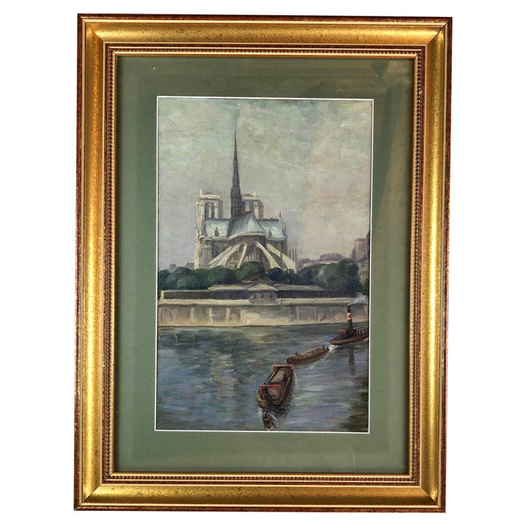 Original Oil on Canvas Painting of Notre Dame Cathedral and the Seine Paris  For Sale at 1stDibs