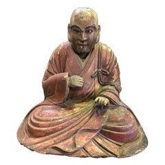 Japanese Wood Carved Polychrome Sculpture of a Seated Temple Monk, Edo Period