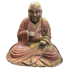 Escultura Japonesa Tallada en Madera Policromada de un Monje de Templo Sentado, Periodo Edo