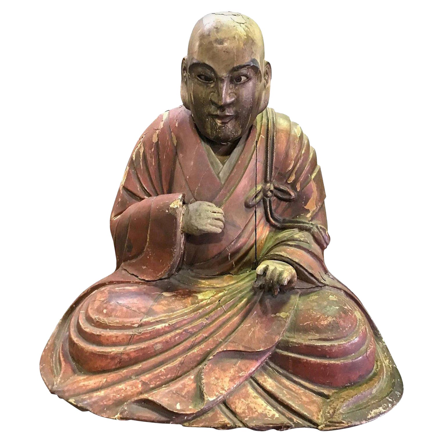Sculpture japonaise polychrome en bois sculpté d'un moine de temple assis, période Edo