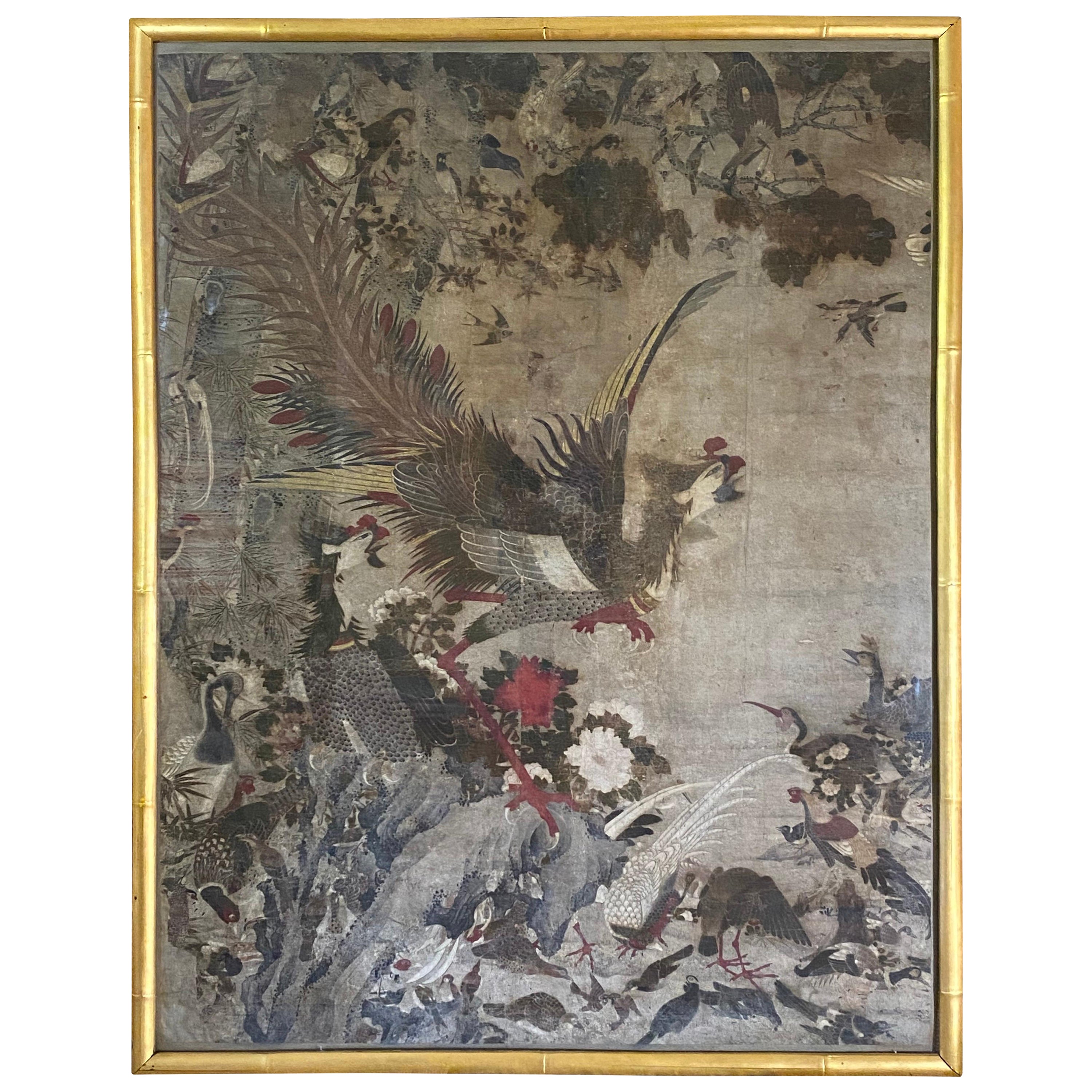 Chinese Hand-Painted Wallpaper of Phoenix, 18th Century For Sale