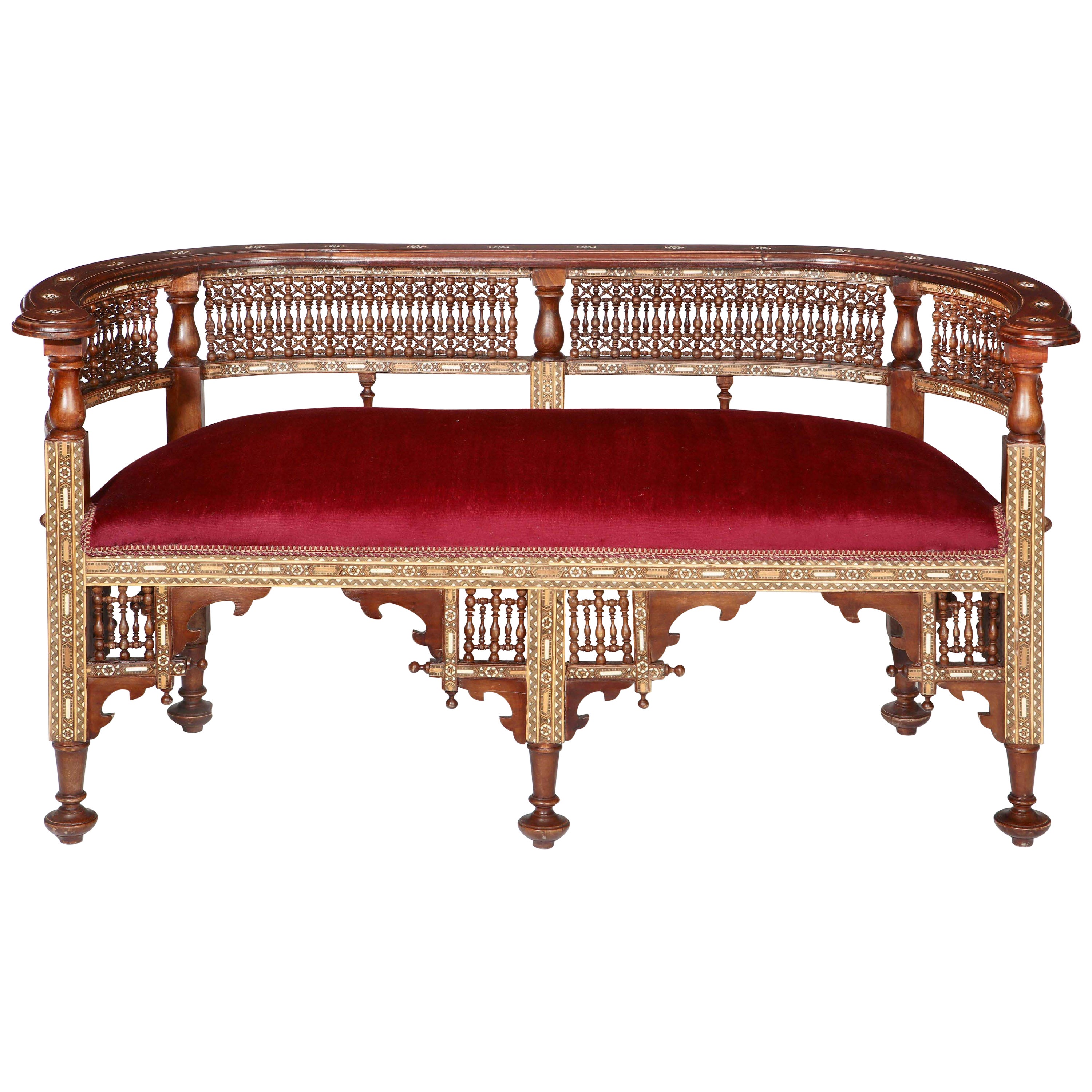 Antique Settee Bench Upholstered in Organic Natural Linen with Nail