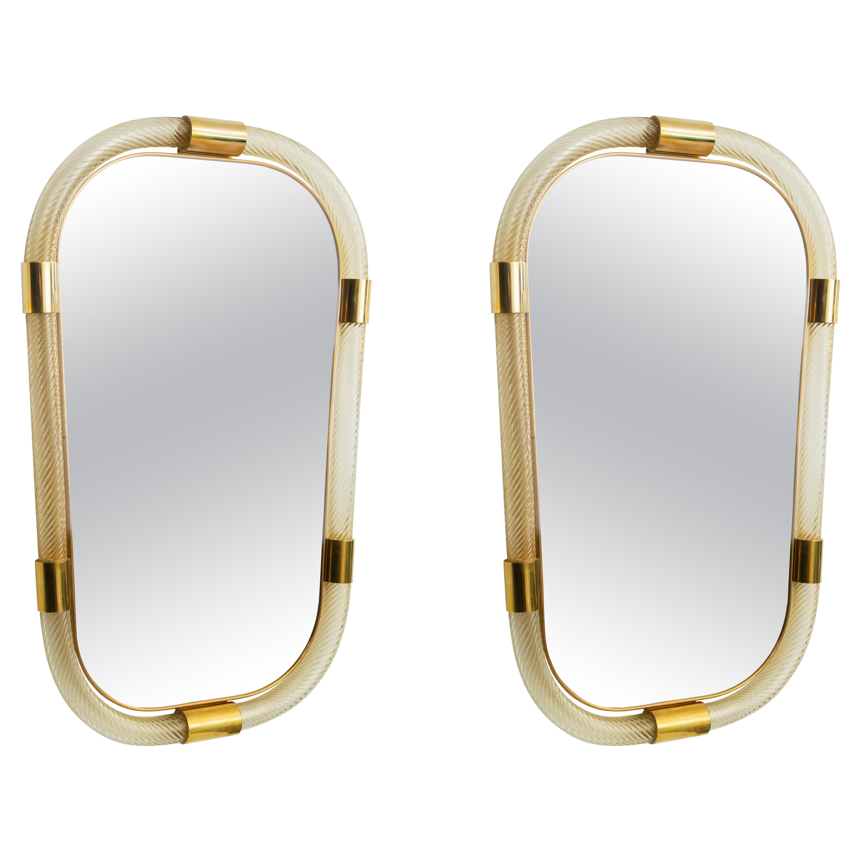 Pair of Large Twisted Murano Glass and Brass Frame Mirrors, in Stock