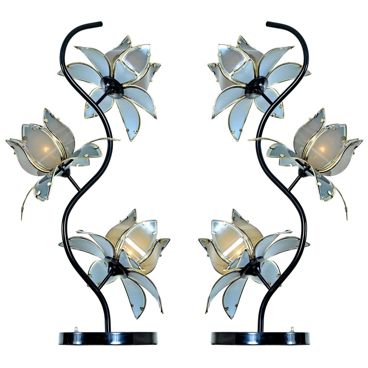 Anthony California Lacquer and Brass Hollywood Regency Etched Glass Floral Lamps