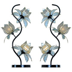 Anthony California Lacquer and Brass Hollywood Regency Etched Glass Floral Lamps