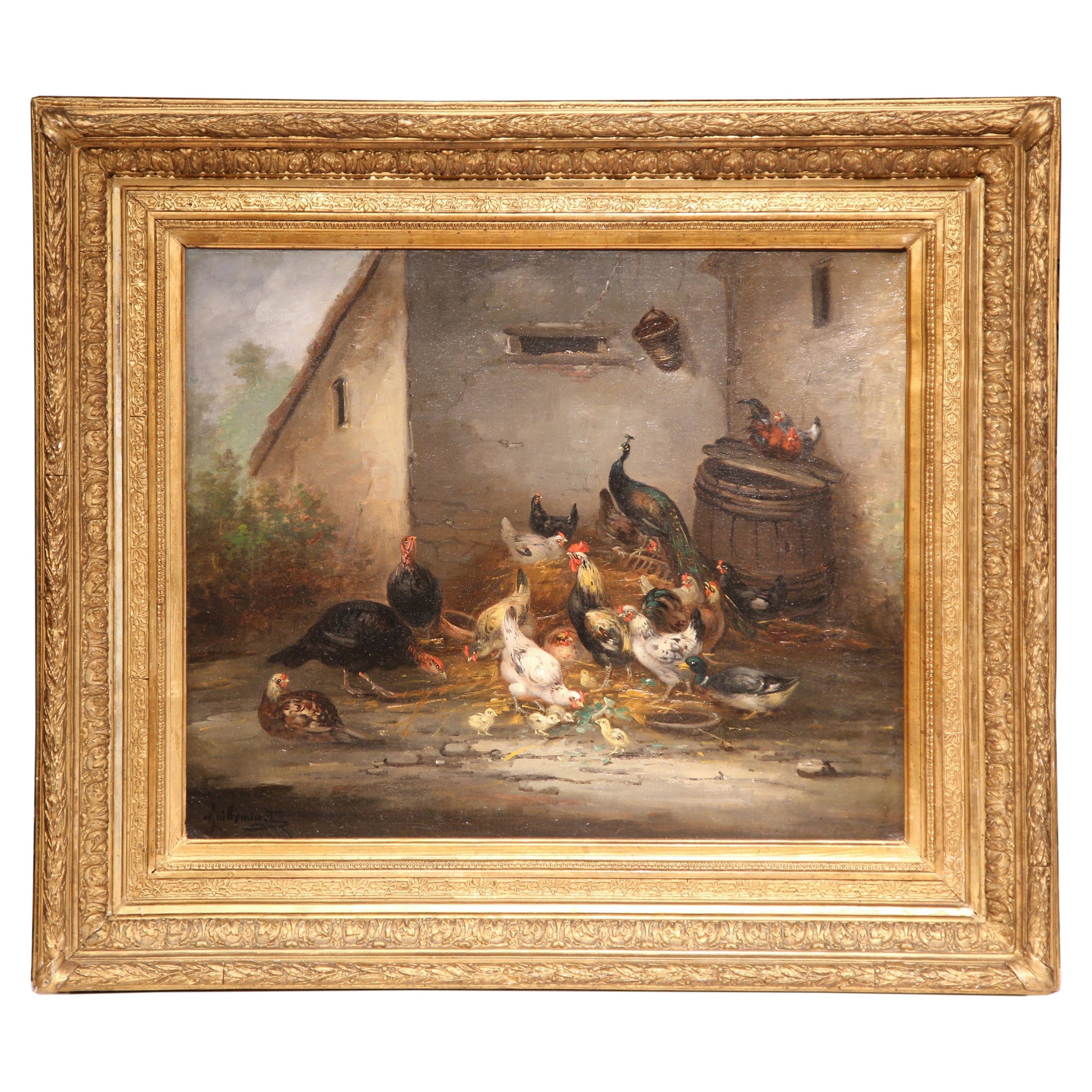 Peinture à l'huile française du milieu du XIXe siècle représentant une basse-cour dans un cadre doré, signée C. Guilleminet