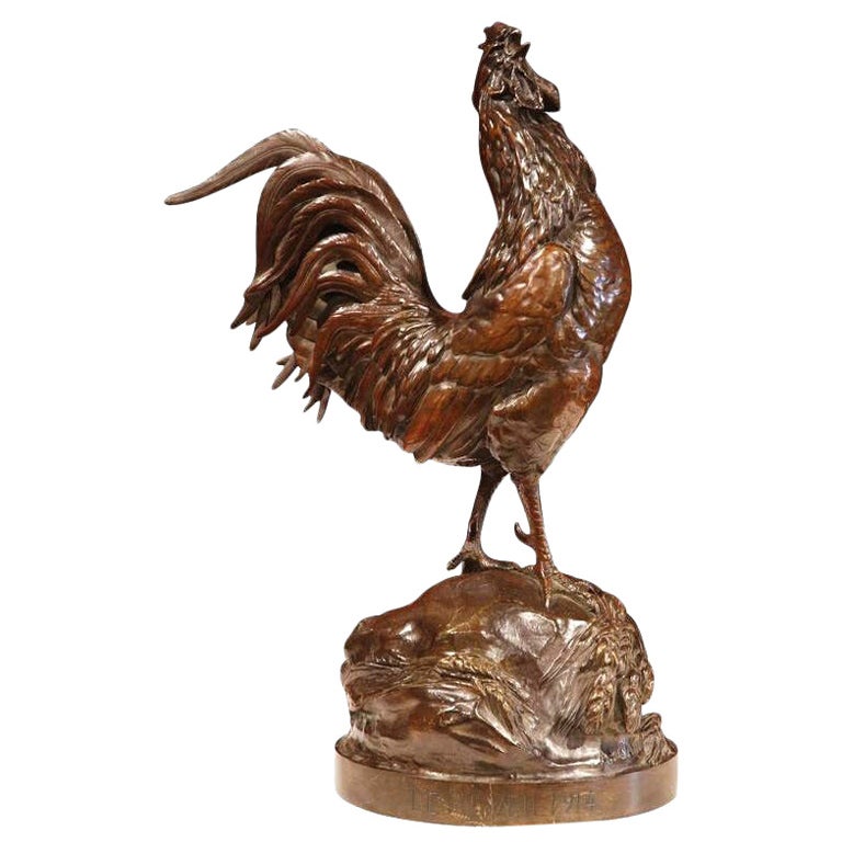Pair of Italian Bronze Rooster and Hen Sculptures from the Mid20th