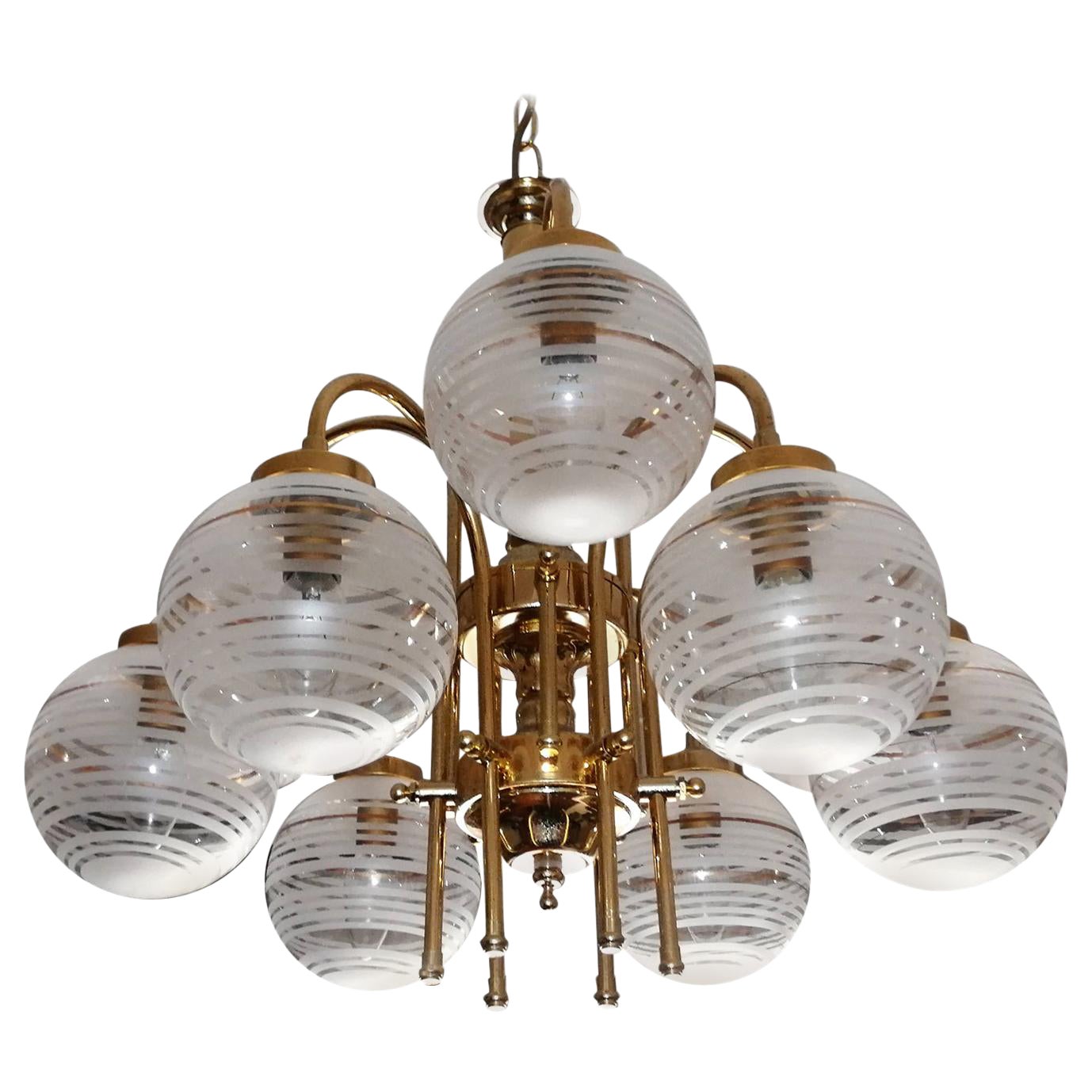 Italian Modernist Murano Etched Glass Gilt Brass Sputnik Orbit 9Light Chandelier For Sale