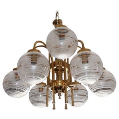 Italian Modernist Murano Etched Glass Gilt Brass Sputnik Orbit 9Light Chandelier