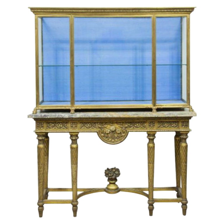 Carved and Gilded Wooden Console with Gilt Metal Display Cabinet For Sale