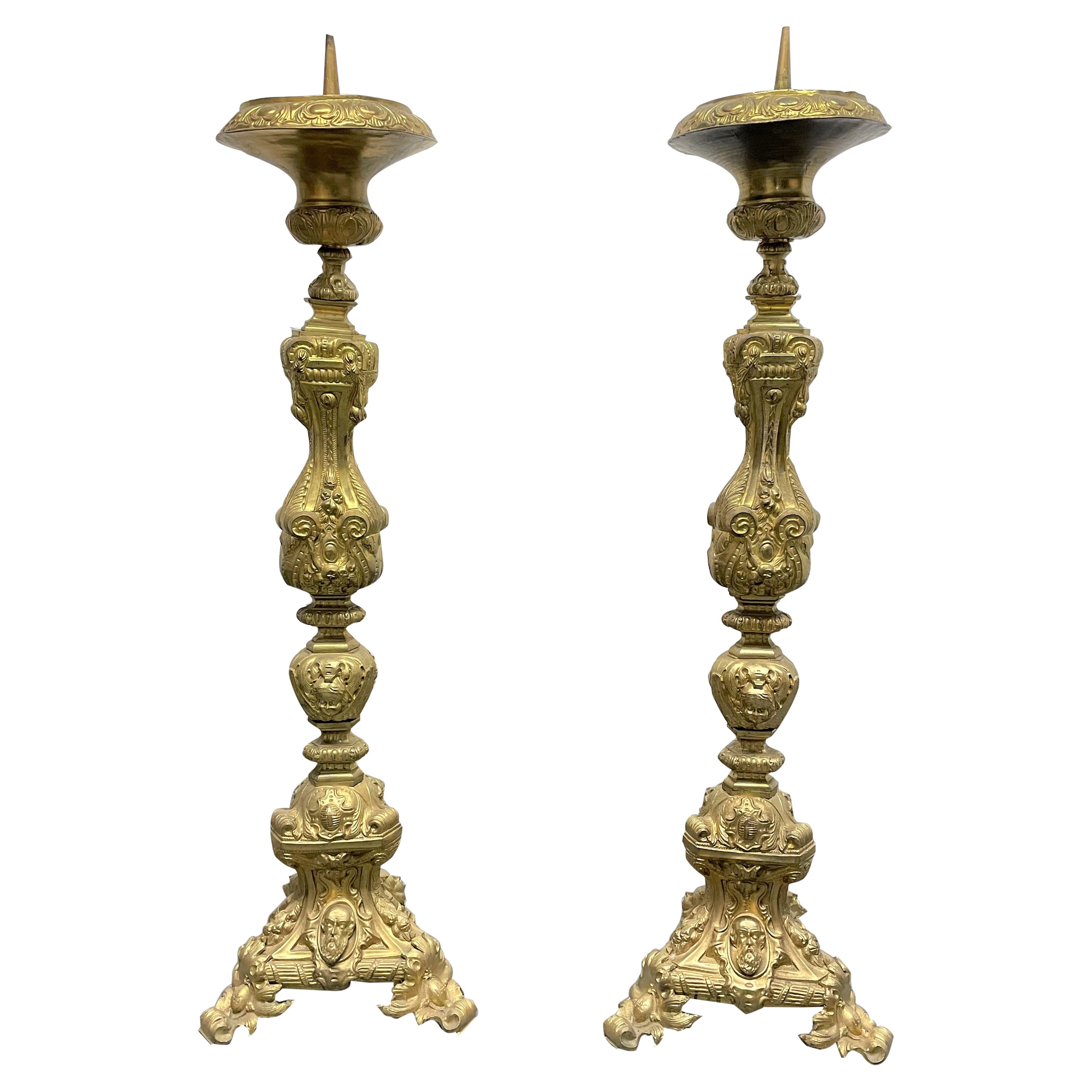 Pair of 19th Century Tall Brass Italian Pricket Sticks For Sale