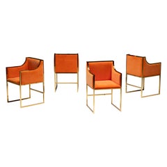 Vintage Maison Jansen Brass and Orange Velvet Armchairs, 1980s