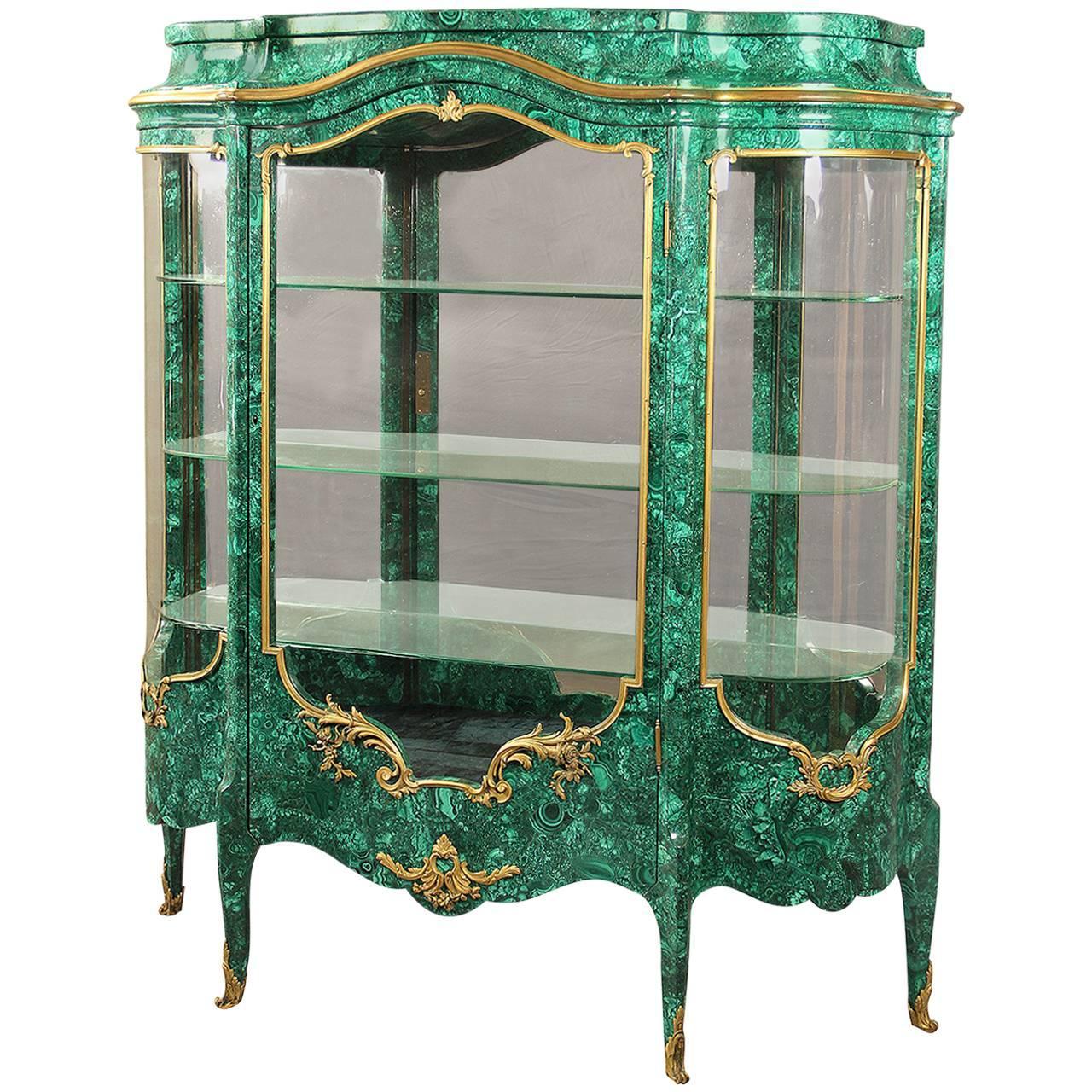 Beautiful Late 19th Century Gilt BronzeMounted Malachite Vitrine For