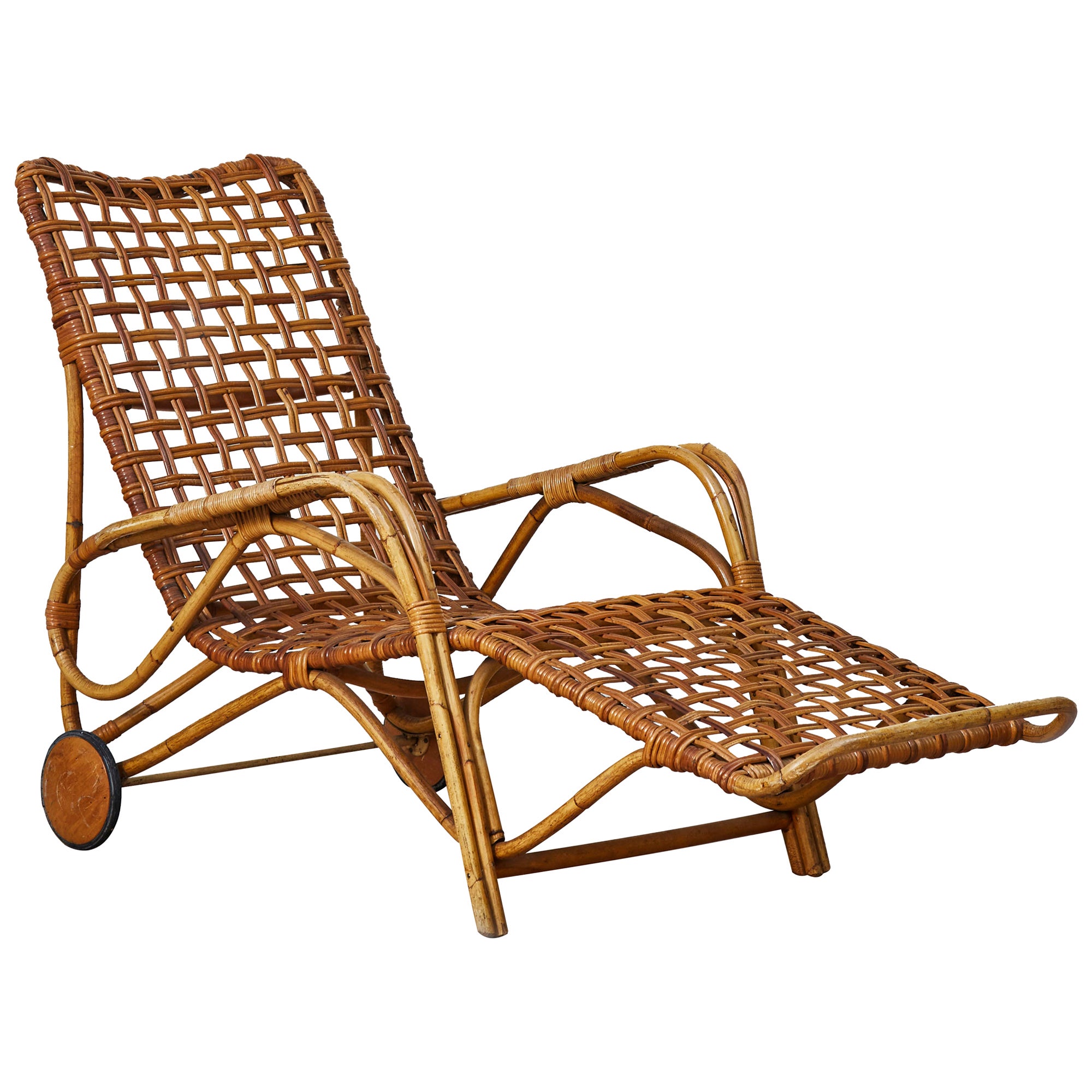 Vintage French 1930s Lounge Chair in Rattan with Woven Details For Sale
