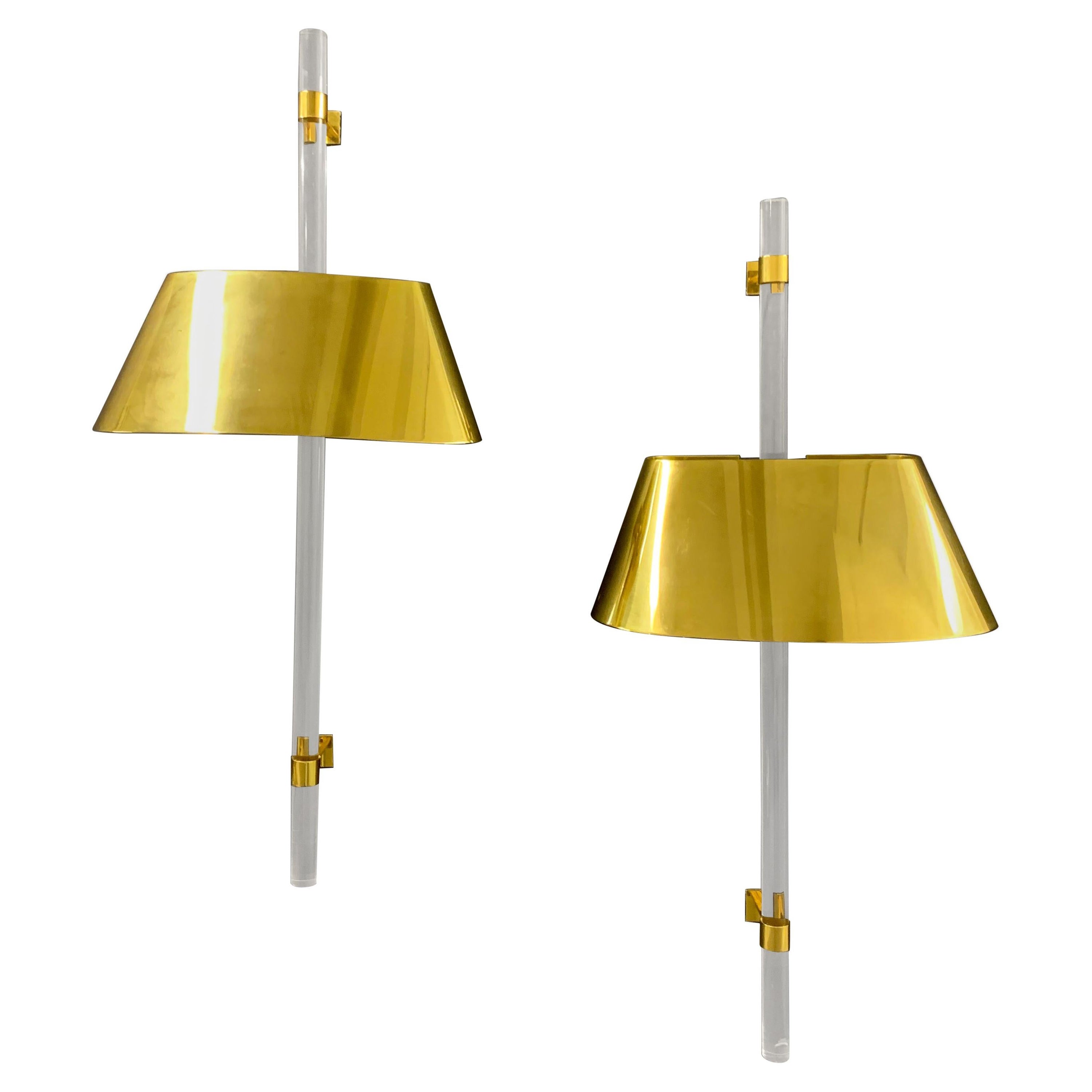 Exceptional and Impressive Wall Scones in Massive Brass with Lucite