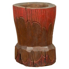 Antique Japanese Rustic Wooden Planter with Floral Design and Red Patina