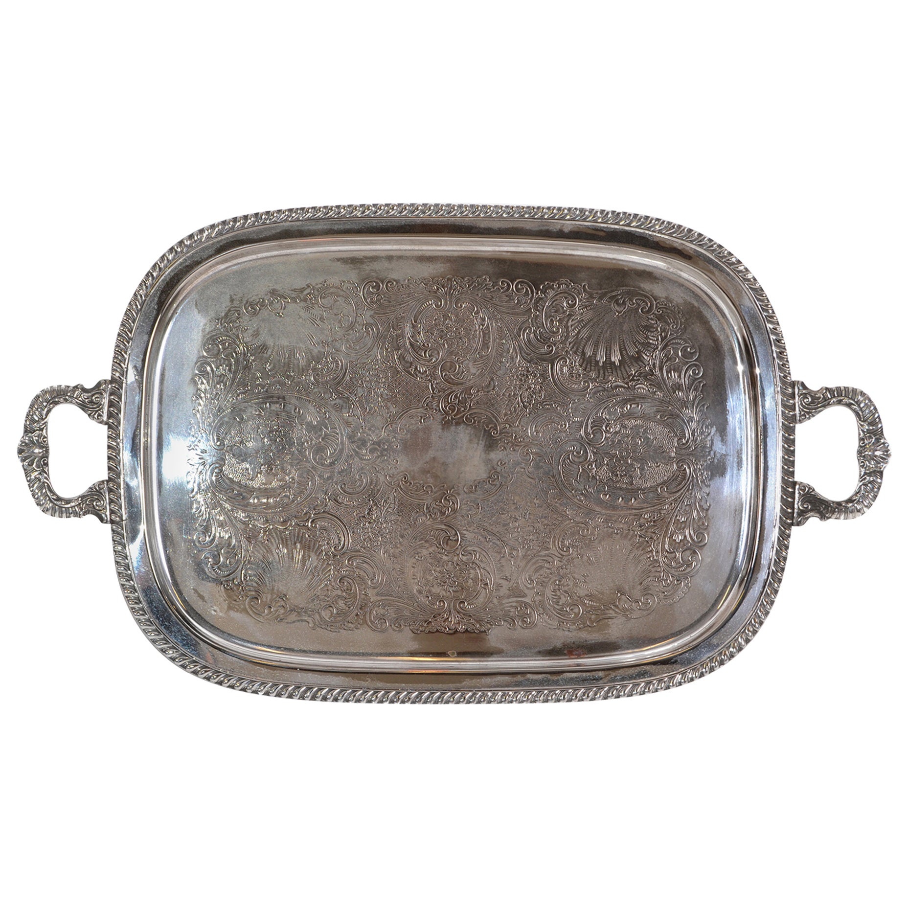 Antique English Silver Plated Serving Tray with Ornate Engraving and