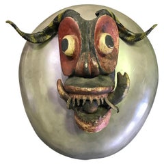 Large Vintage Latin American Hispanic Devil Diablo Folk Art Mask with Horns