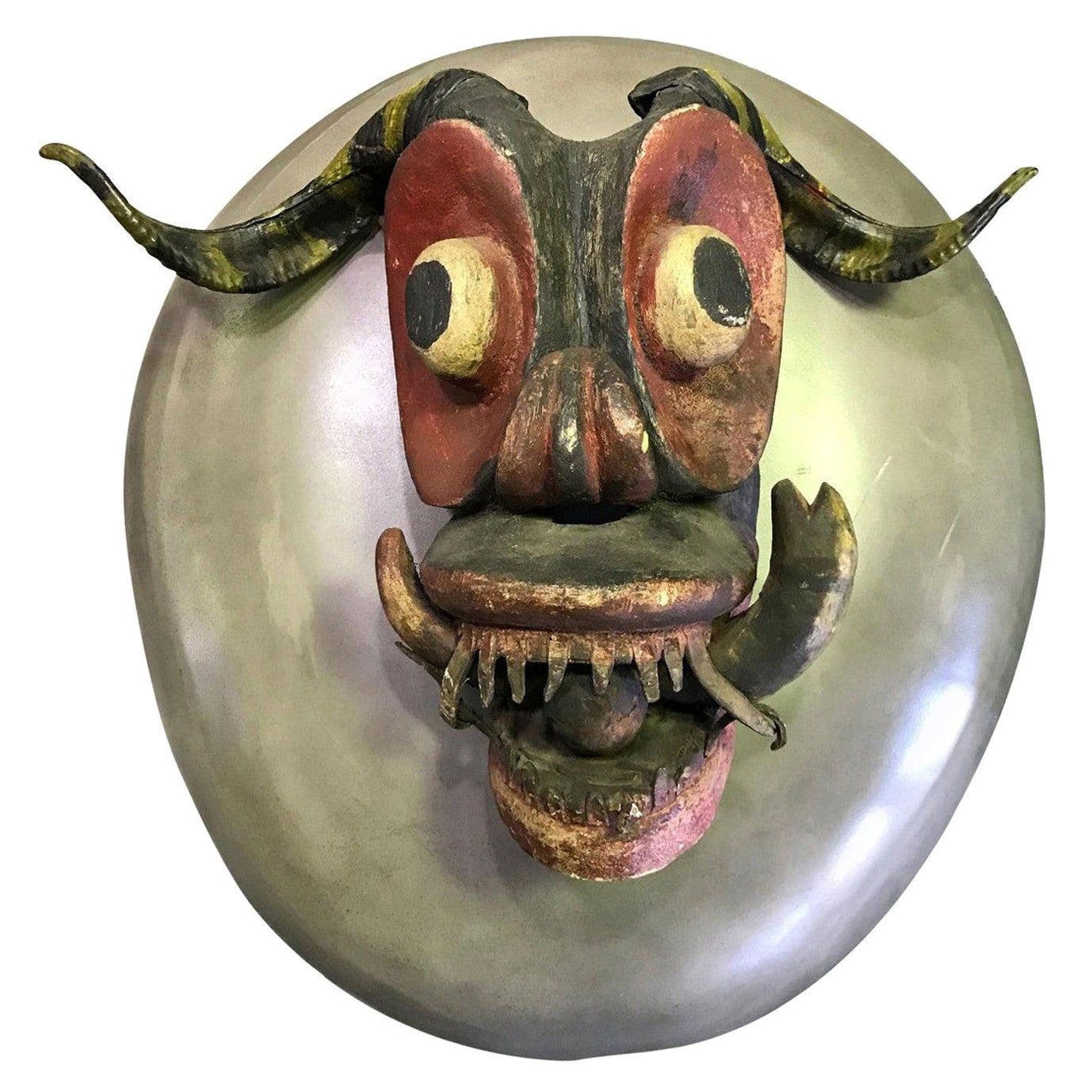 Grand masque d'art populaire latino-américain hispanique Diablo avec cornes, vintage