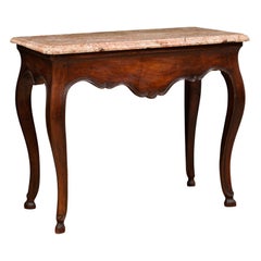 18th Century French Louis XV Walnut Console Table with Hoof Feet & Marble Top