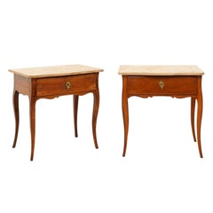 Pair of Louis XV Style Fruitwood Side Tables with Cabriole Legs & Marble Tops