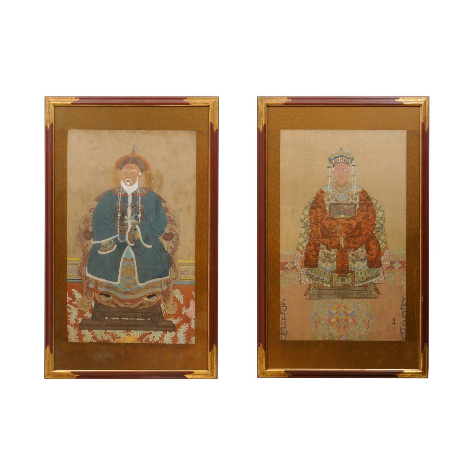 Pair of Chinese Portraits in Red Painted & Gilt Frames For Sale