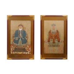 Pair of Chinese Portraits in Red Painted & Gilt Frames