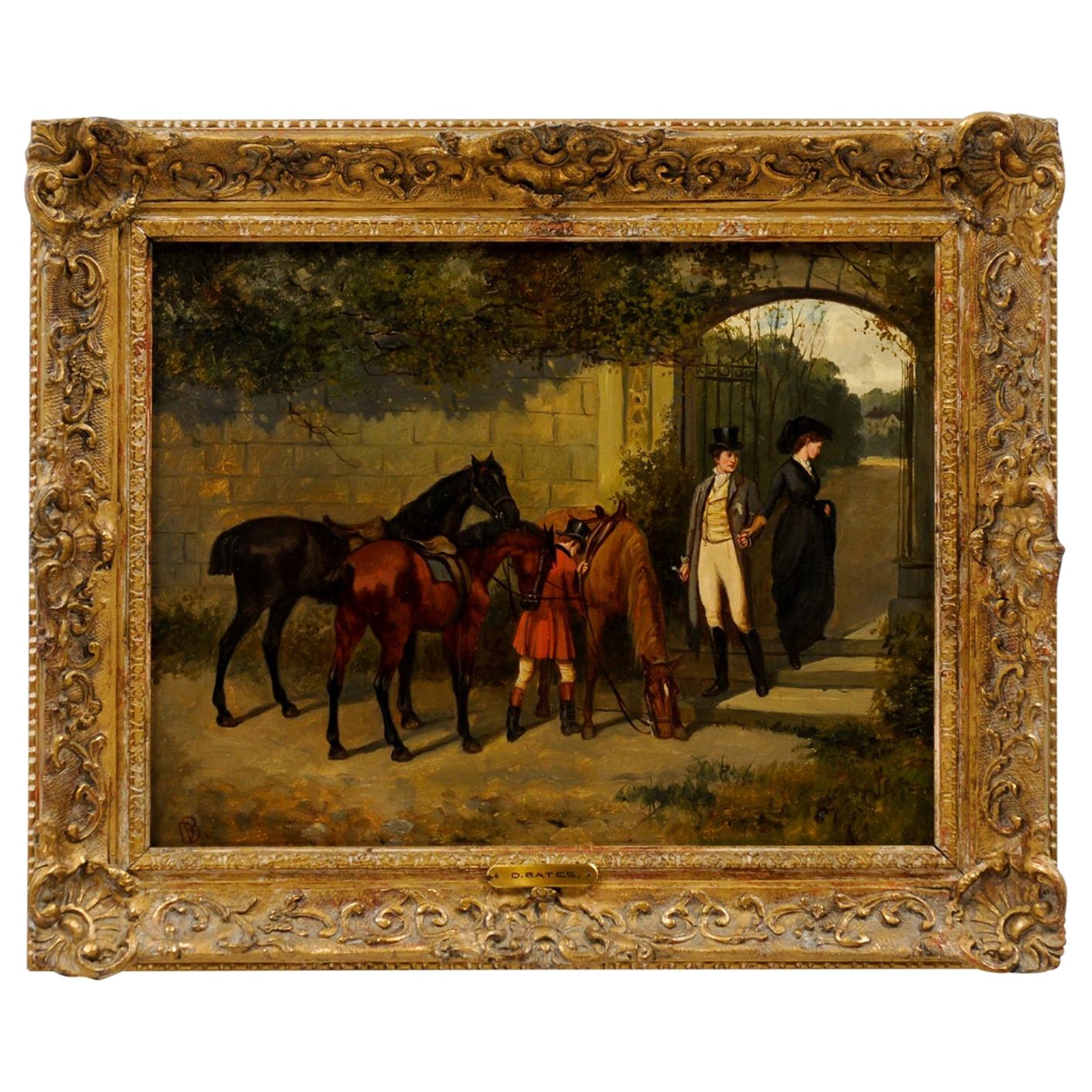 Gilt Framed Oil on Canvas Painting Featuring Horses with Man & Woman, Signed