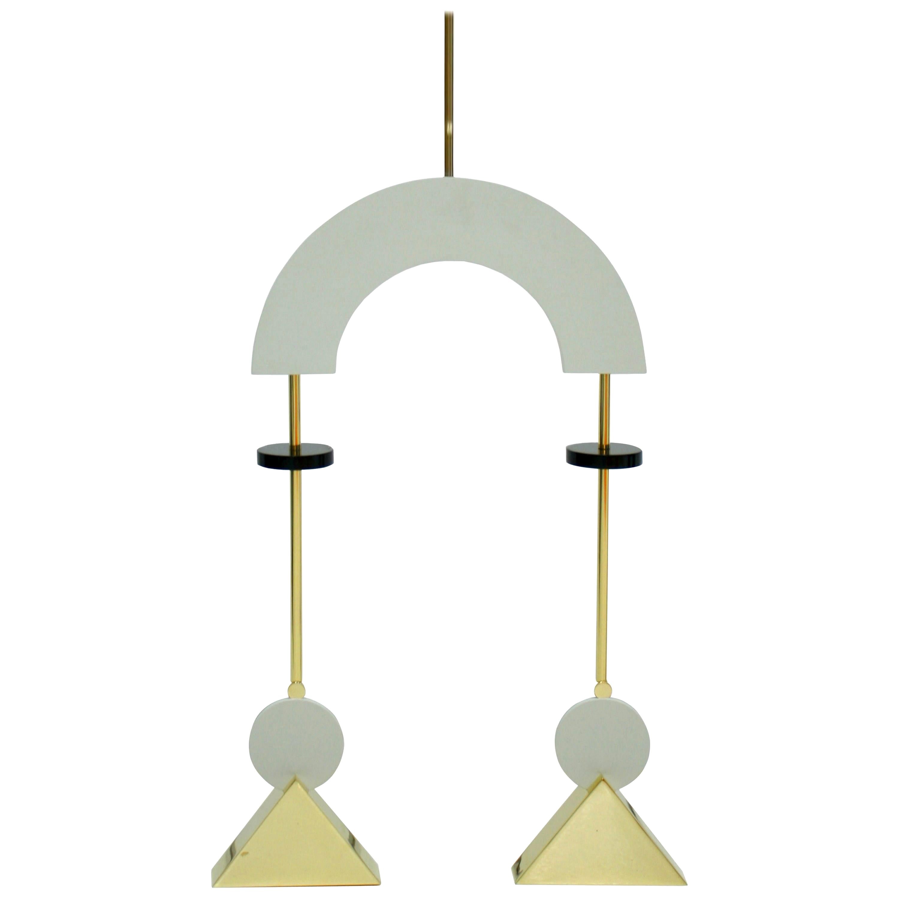 Mid-Century Modern Style White Lacquered Wood and Bronze Pendant Lamps For Sale