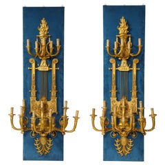 Palatial Pair of Antique French Gilt Bronze Harp-Form 16 Light Sconces