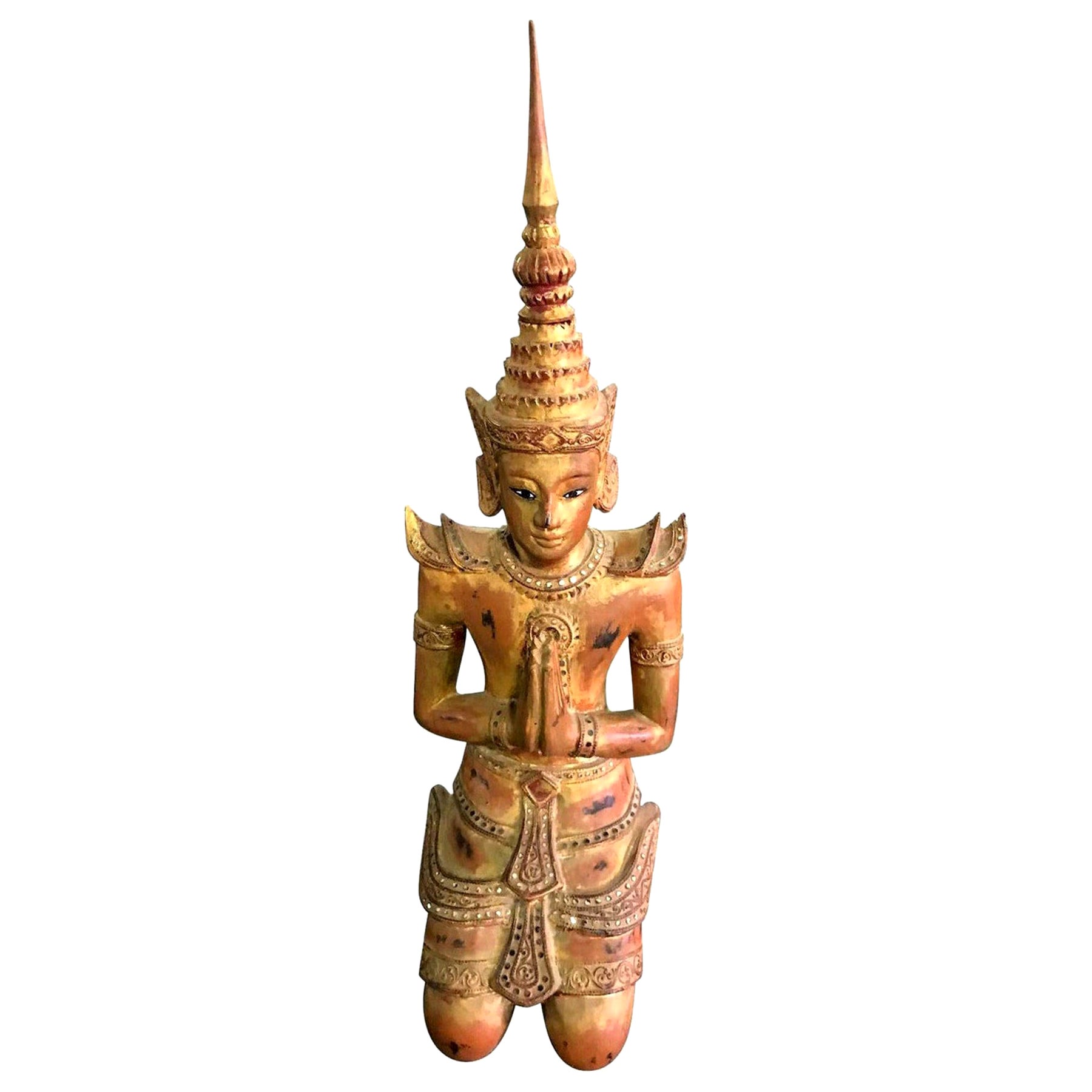 Thai Asian Large Carved Wood Gilt Lacquer Kneeling Praying Temple Shrine Figure For Sale