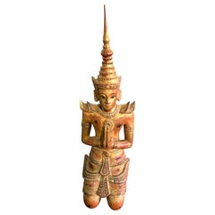 Thai Asian Large Carved Wood Gilt Lacquer Kneeling Praying Temple Shrine Figure