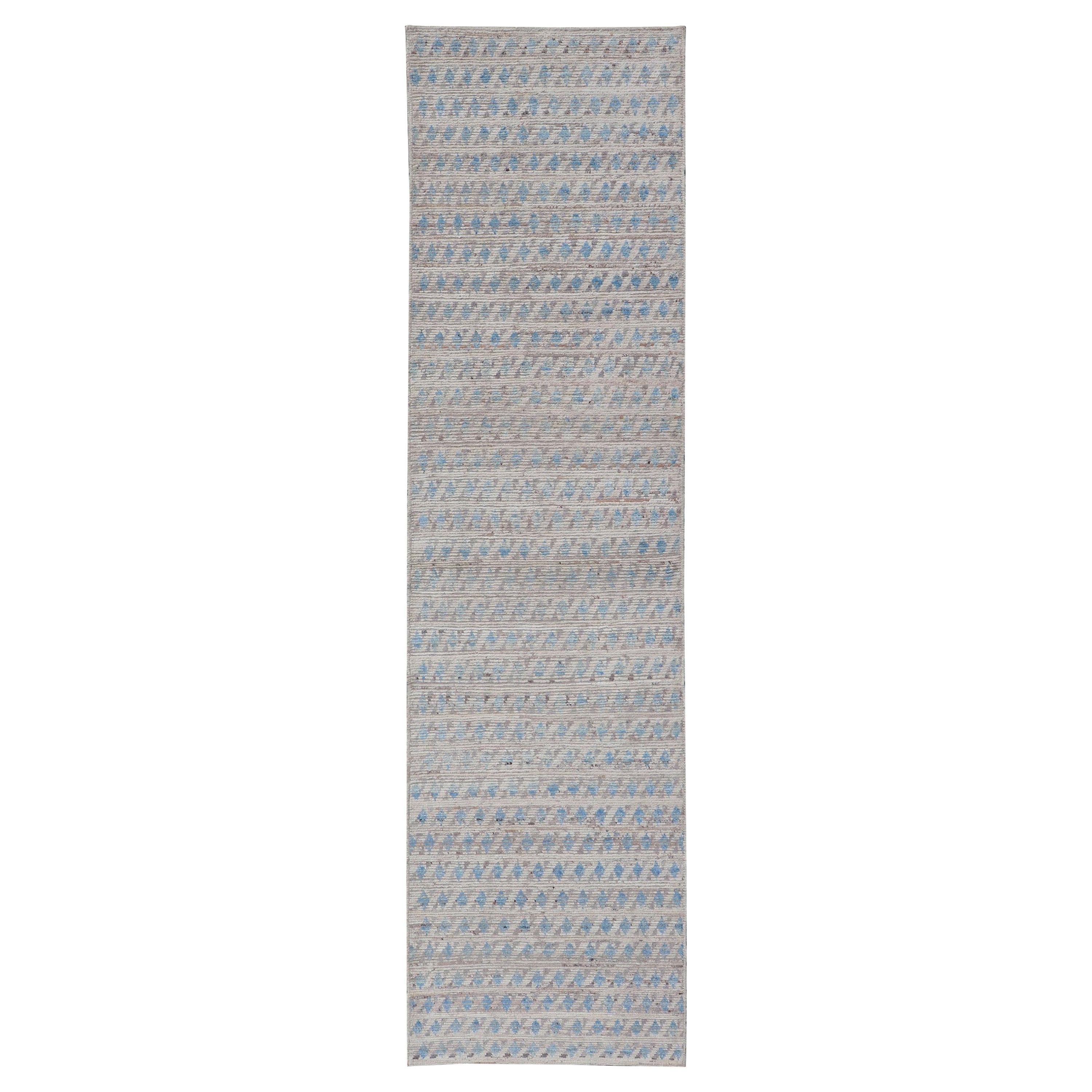 Tapis de couloir moderne à motif tribal Casual en crème, gris et bleu