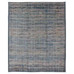 Modern Design Rug in Variegated Blue, Cream, Taupe and Brown Tones