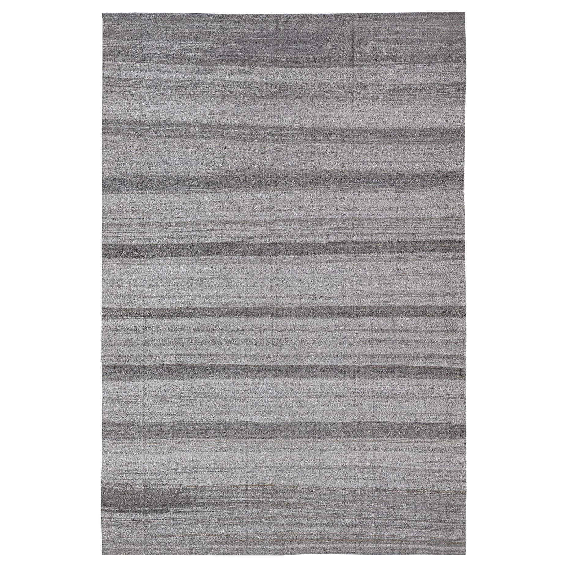  Modern Kilim Rug with Stripes in Neutral tones Shades of Gray  For Sale