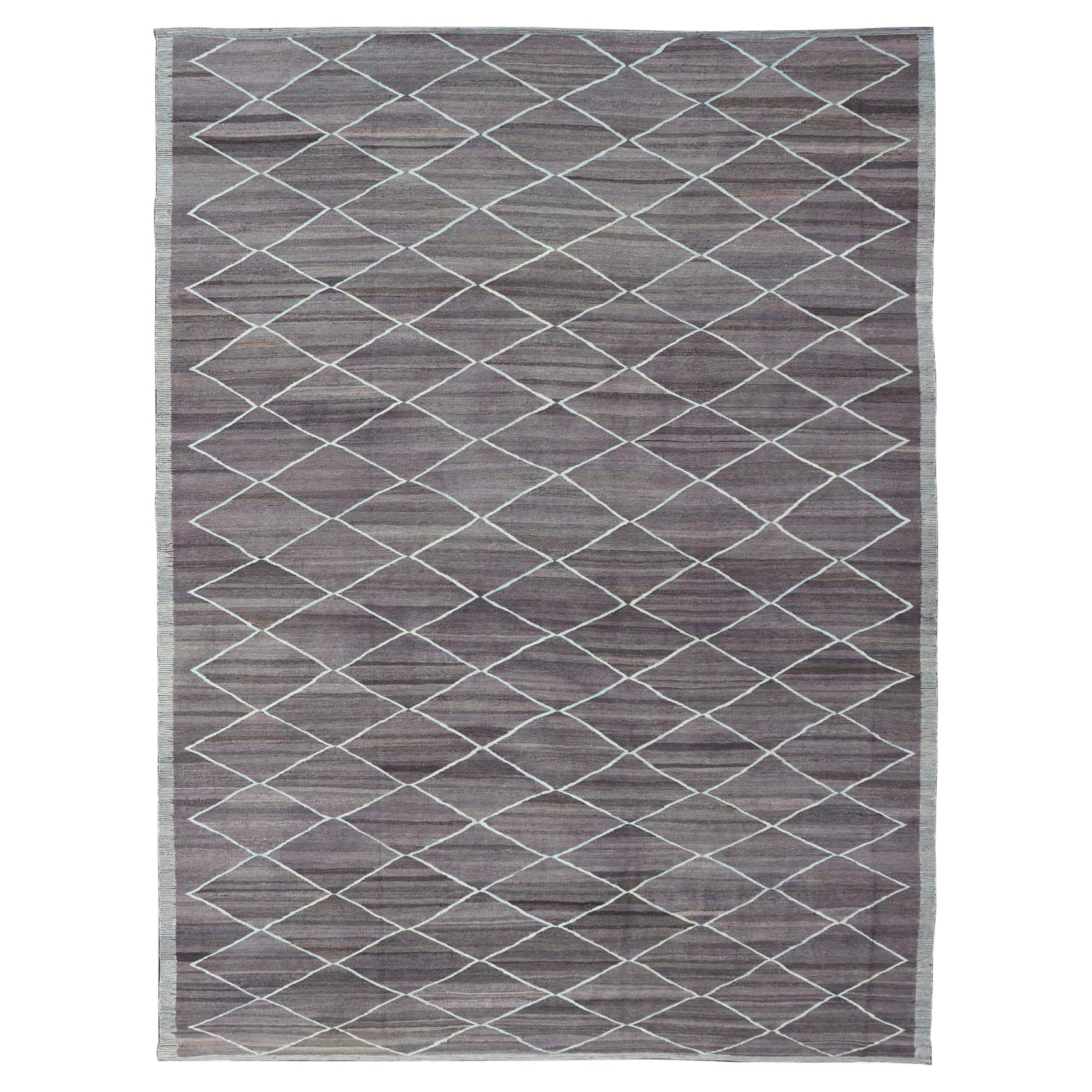 Modern Design Flat-Weave Kilim Rug in D. Purple Brown and Lt. Blue Green Colors