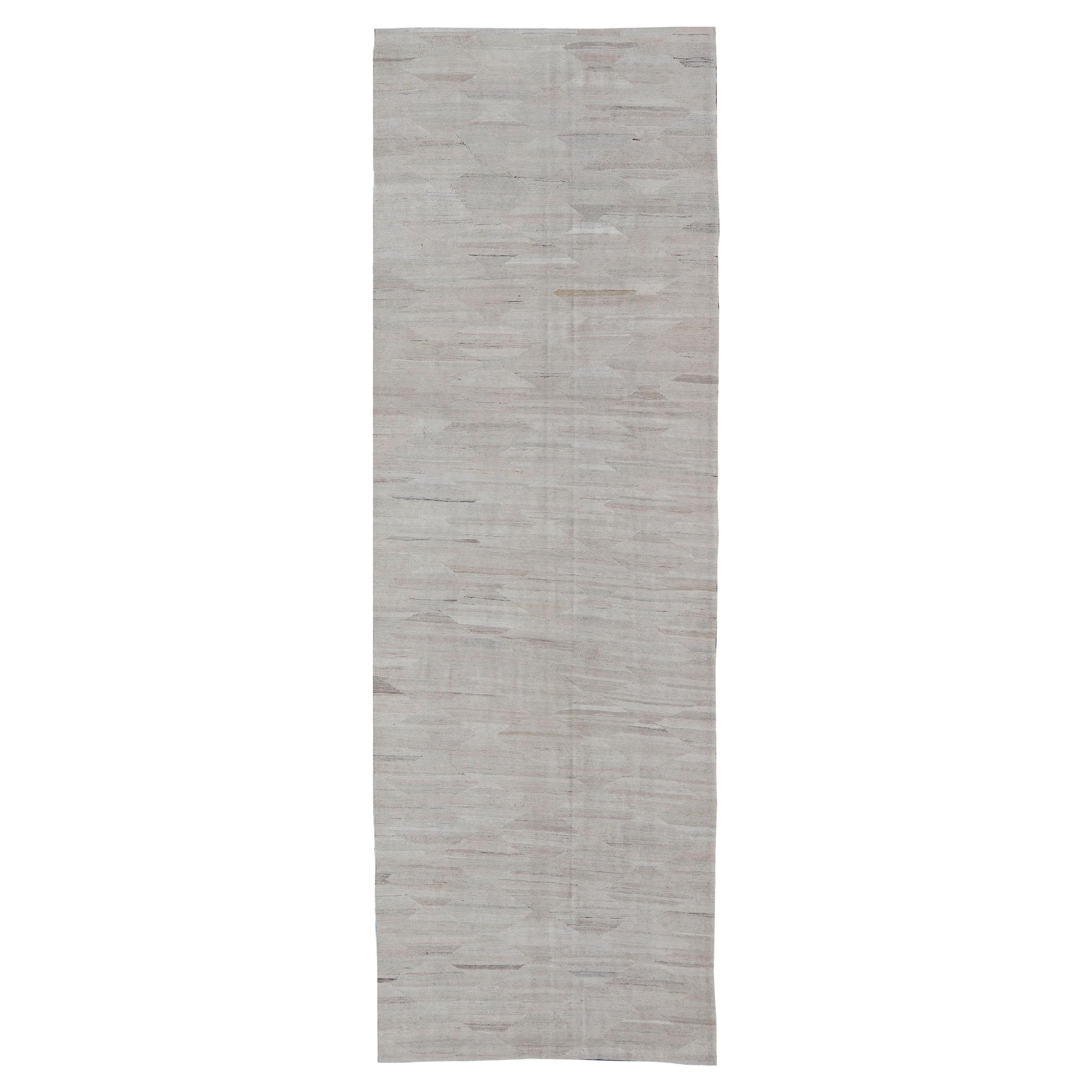 Large Modern Neutral Kilim Gallery Runner in Cream with All-Over Design For Sale