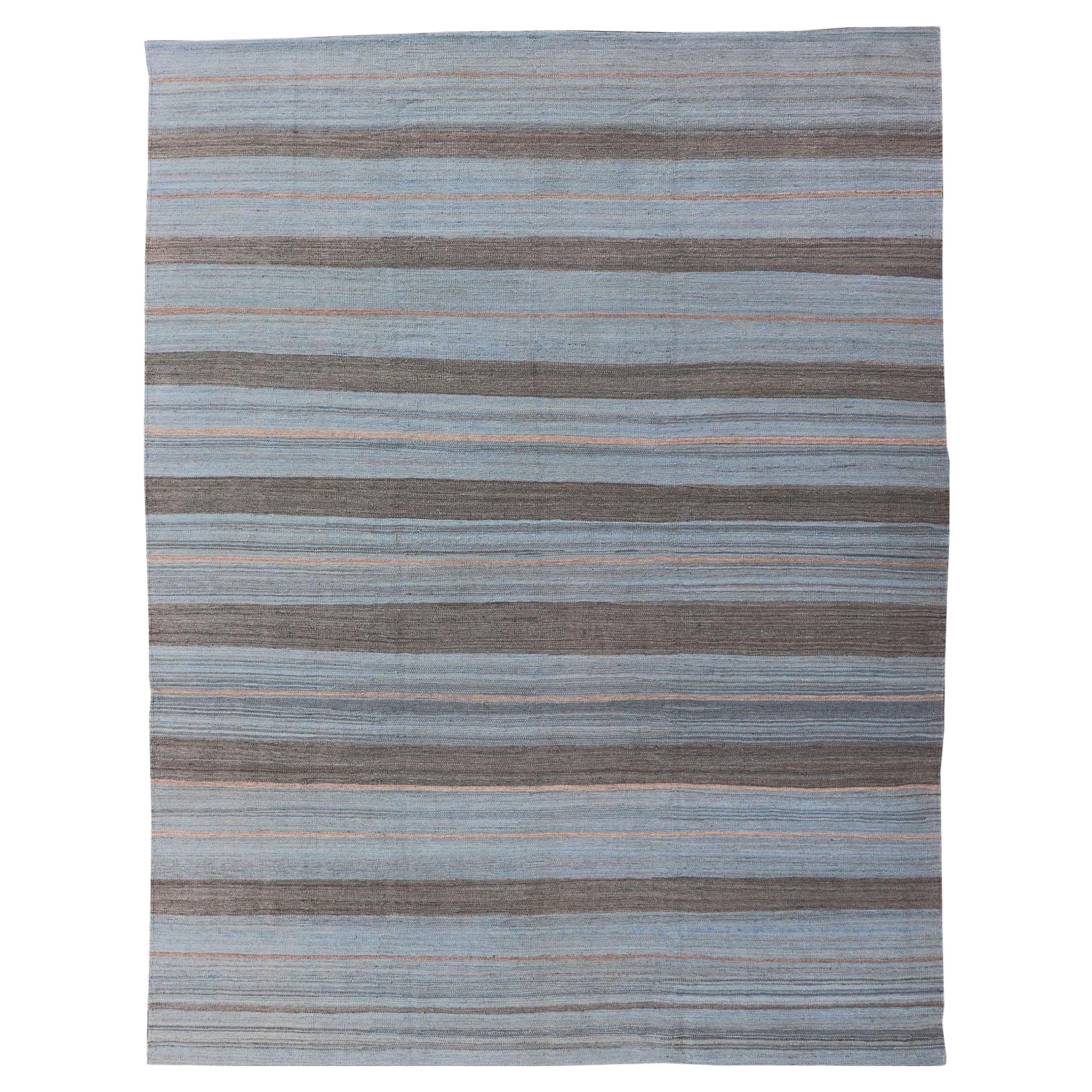 Blue, Brown and Grey Modern Striped Kilim Made in Afghanistan For Sale