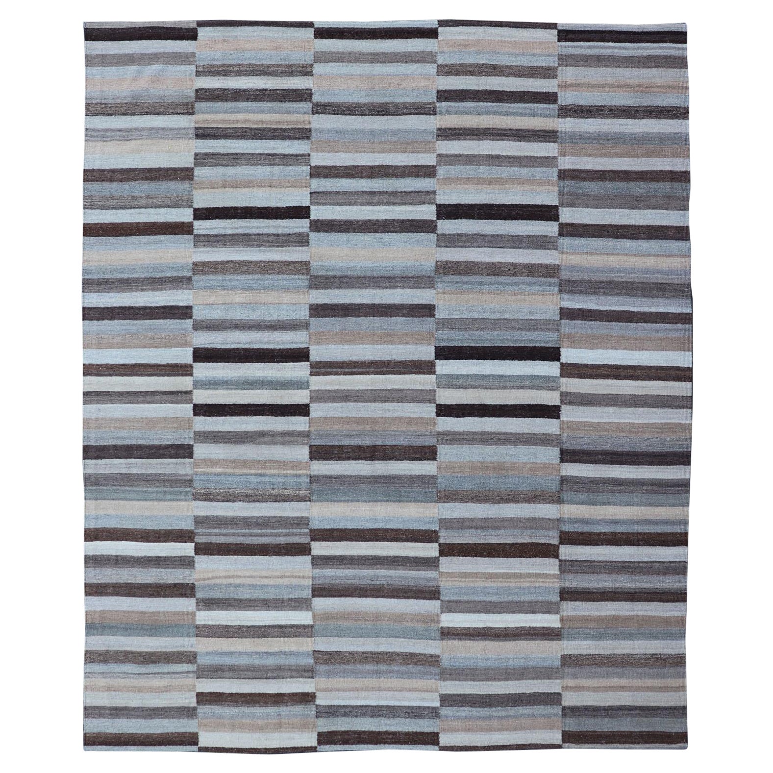 Modern Flat-Weave Kilim Rug in Multi-Panel Striped Design in Earthy Tones