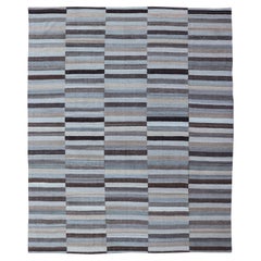 Modern Flat-Weave Kilim Rug in Multi-Panel Striped Design in Earthy Tones