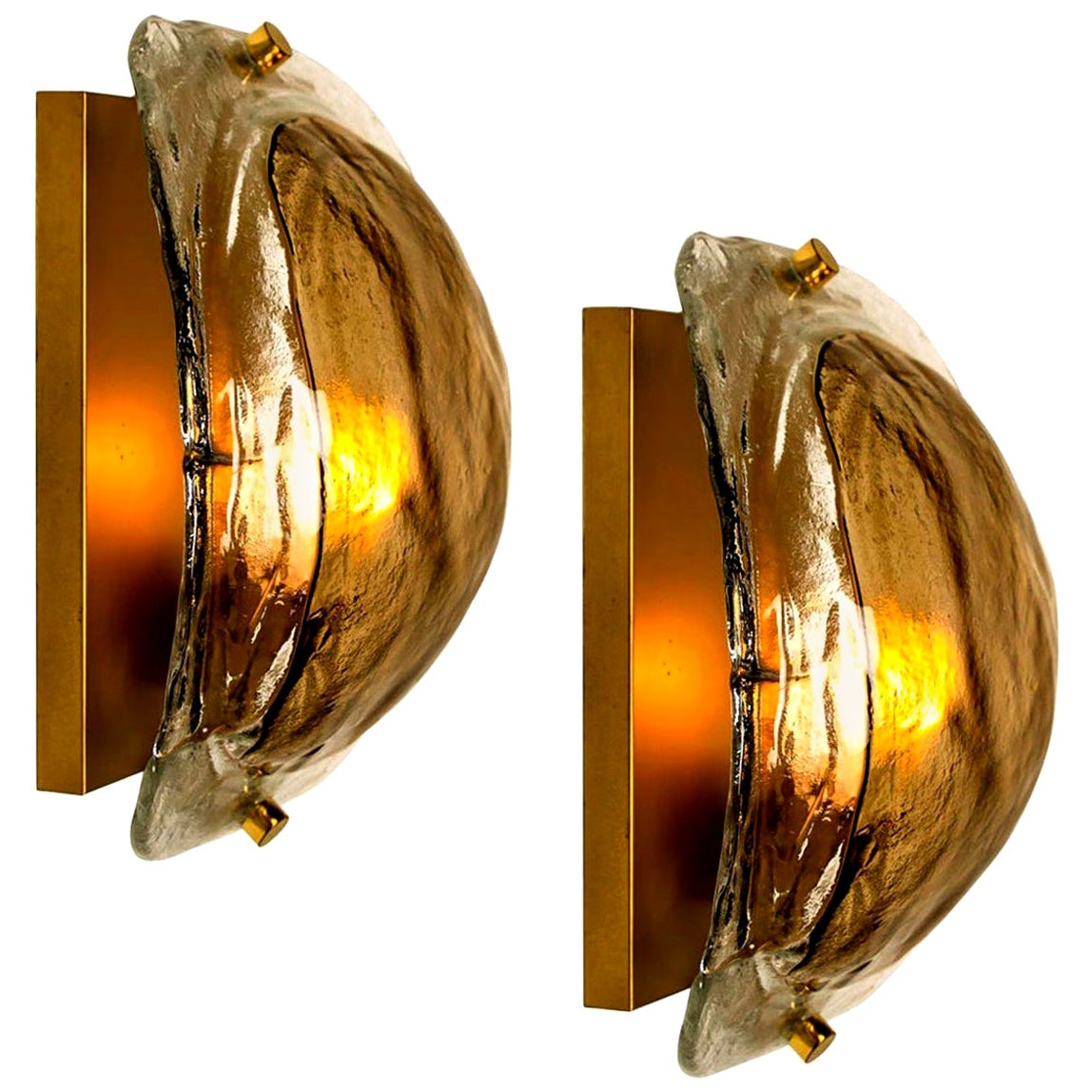 Pair of Brass and Glass Hand Blown Murano Glass Wall Lights by J.T