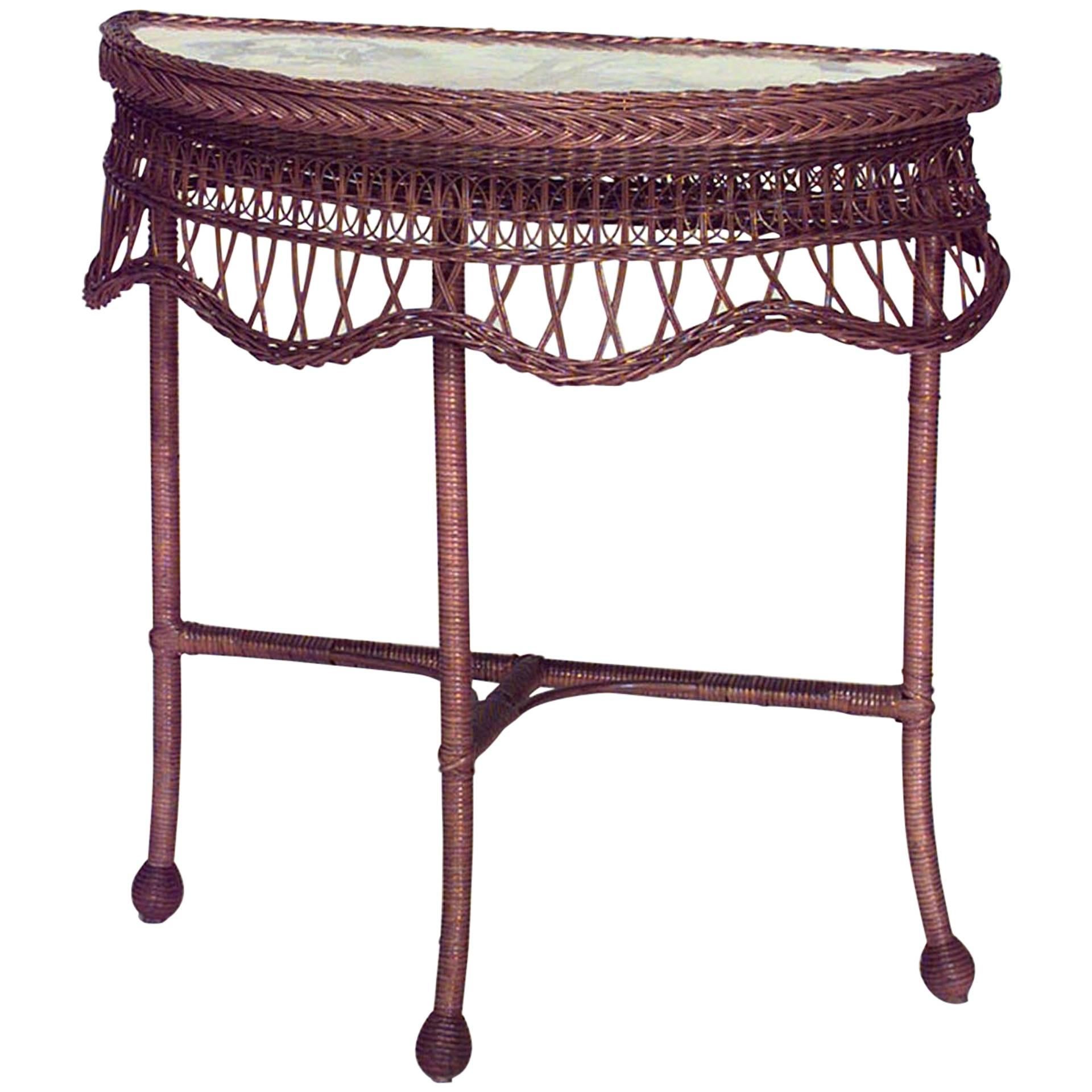19th Century American Wicker Console Table with Glass Top