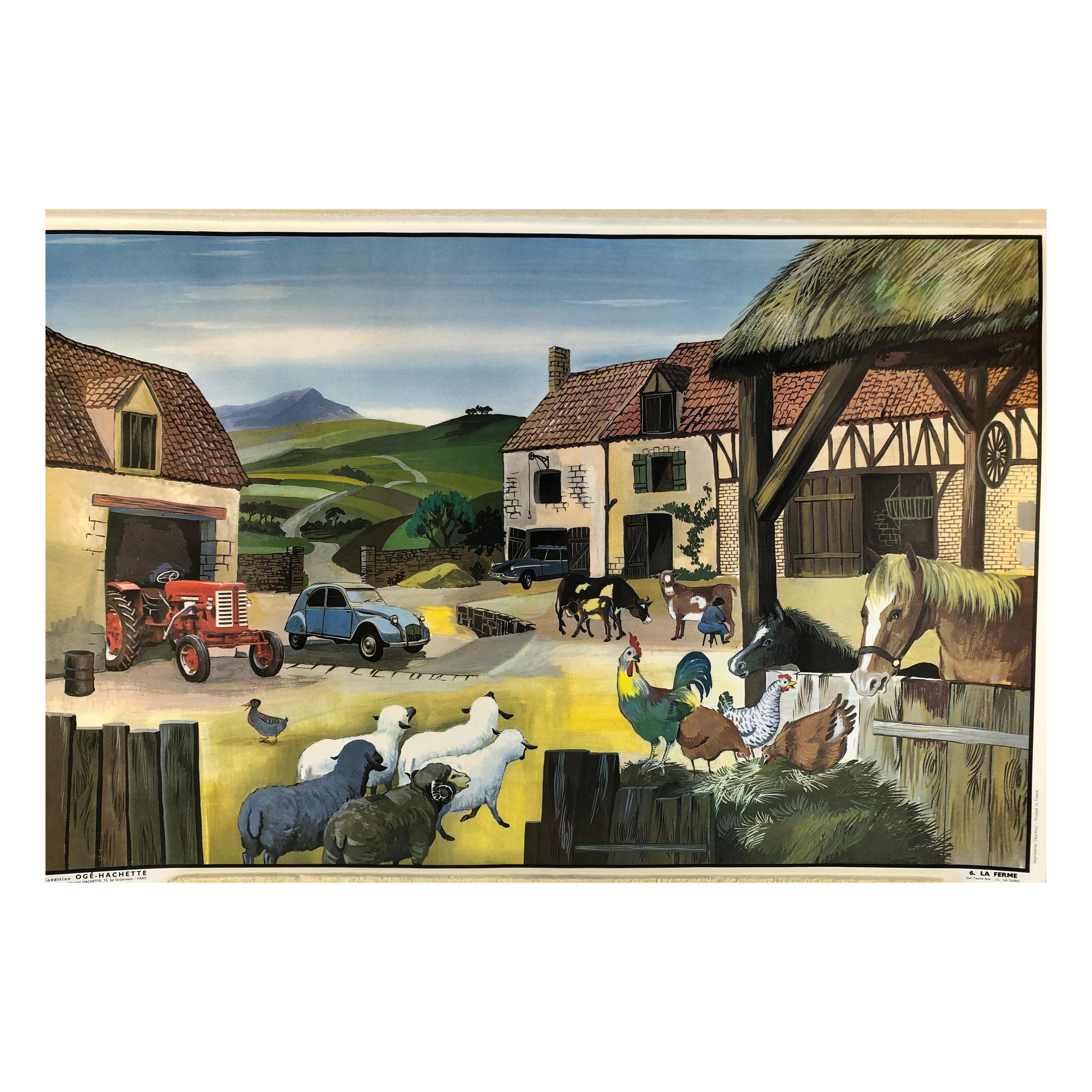 1960s Double-Sided School Poster by Oge-Hachette, The Farm and The Train Station For Sale