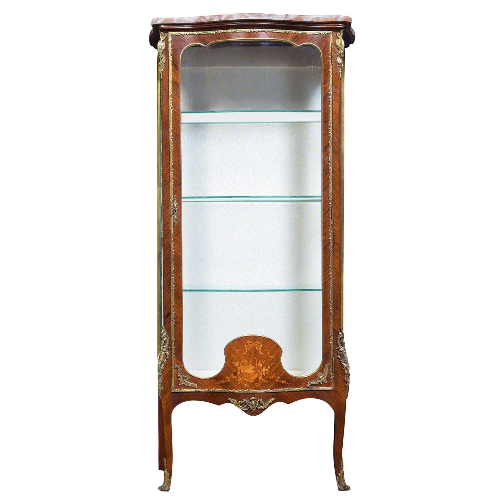 19th Century walnut and Marquetry Serpentine Vitrine For Sale