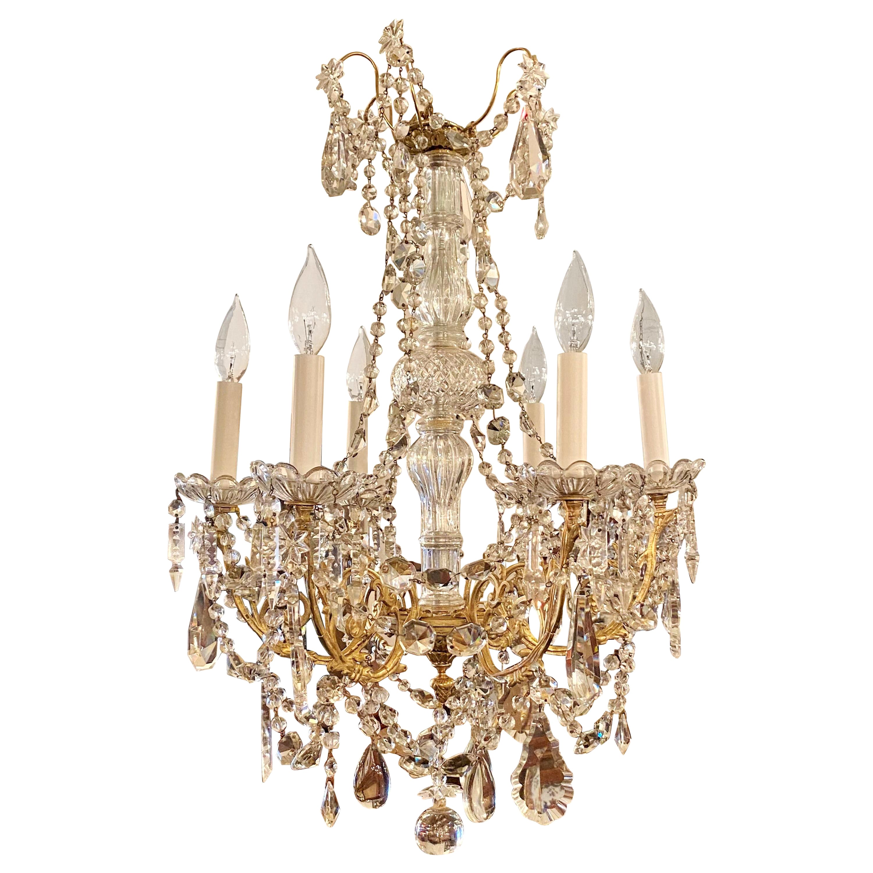 Antique French Gold Bronze and Cut Crystal 6-Light Chandelier, circa 1890