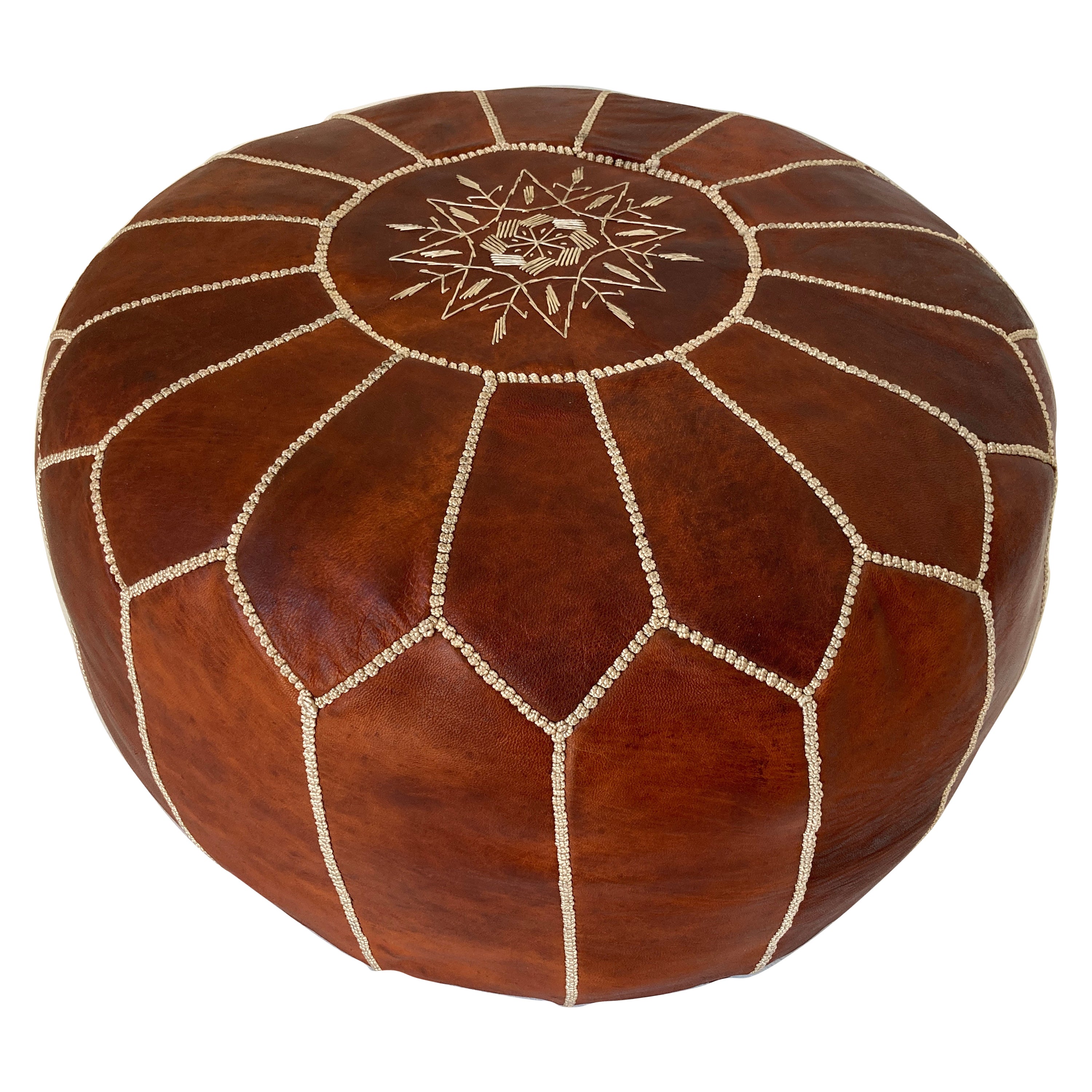 Moroccan Brown Leather Hand Tooled Pouf For Sale at 1stDibs